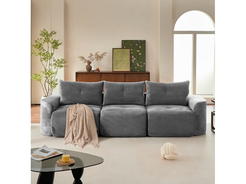  Canapé modulable 3 places couleur gris, configuration 2+1, design arrondi, mousse, revêtement côtelé  - Conforama B