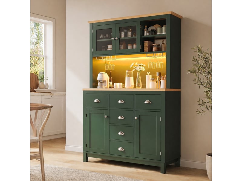  Buffet haut modenvie style campagne 104 x 40 x 180 cm 4 portes led mdf vert et blanc  - Conforama D