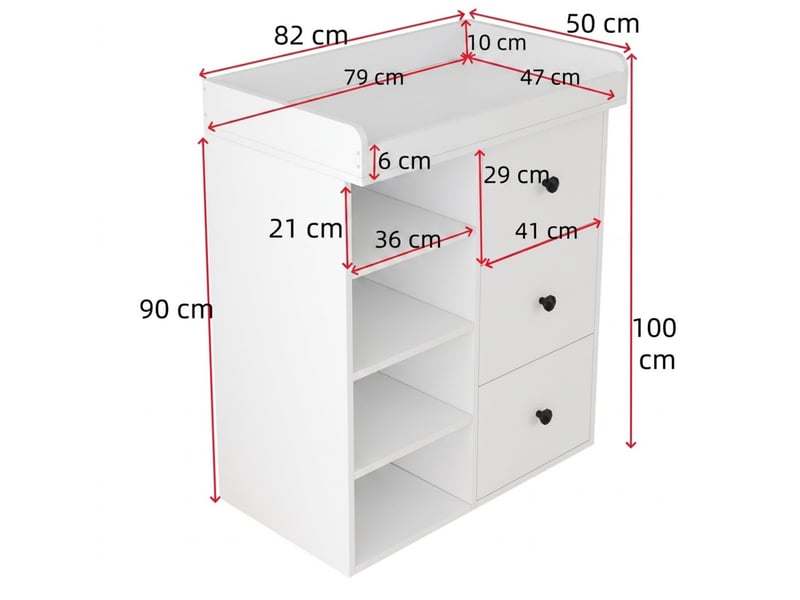  Commode à langer - 82 x 50 x 100 cm - commode à langer avec plan à langer, 3 tiroirs et étagères ouvertes - blanc  - Conforama E