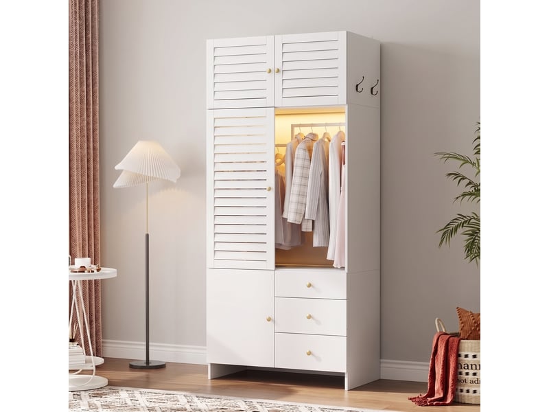 Armoire modenvie à portes battantes 90 x 50 x 200 cm avec led, 3 tiroirs et panier à linge blanc - Conforama D
