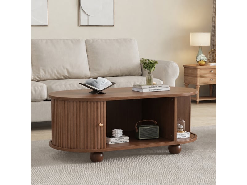  Table basse ovale avec rangement, portes coulissantes, 100 x 50 x 40 cm, effet noyer  - Conforama D