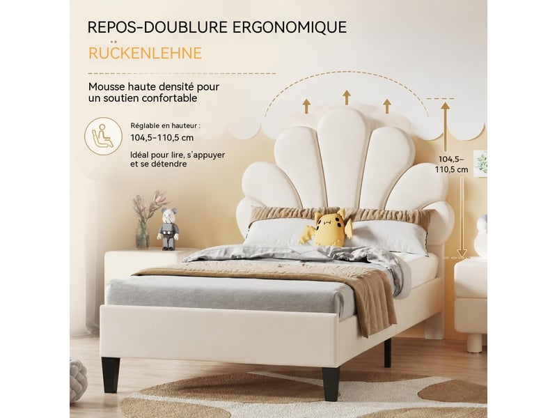  Lit enfant 90x200 cm cadre rembourré en velours, tête de lit design pétale, pieds métalliques dorés, structure stable charge 150kg  - Conforama C