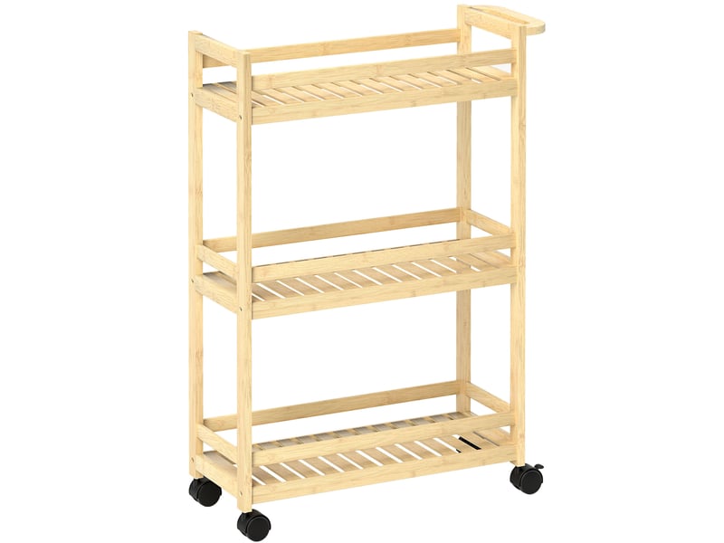  Desserte de cuisine 55 x 20 x 75 cm naturel en bambou, 3 niveaux à roulettes avec 2 freins de blocage  - Conforama A
