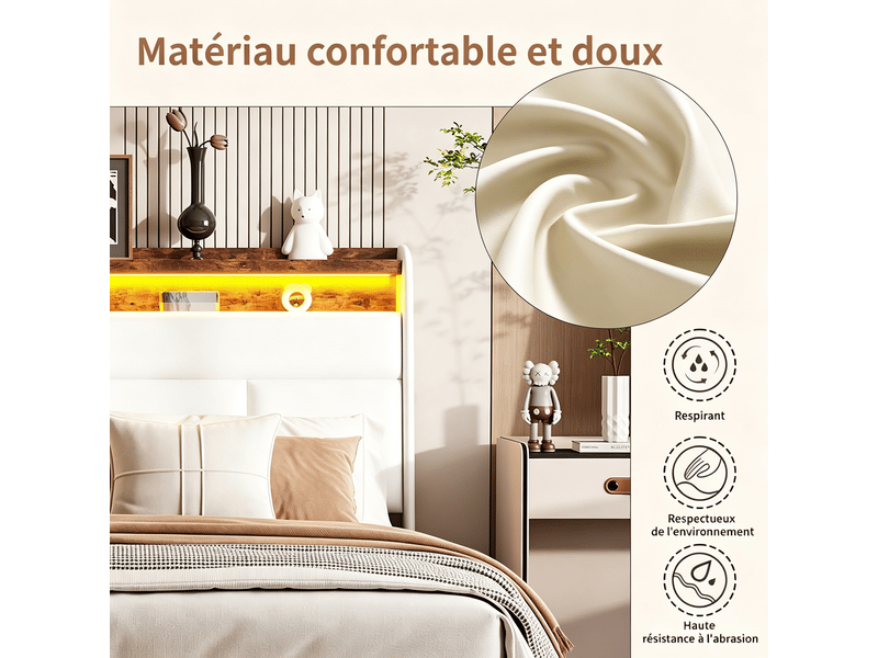 Lit 140x190 cm, tt01, led réglable, hydraulique, contemporain, lit adulte, cadre de lit double 140x190 cm, tissu pu, blanc - Conforama D