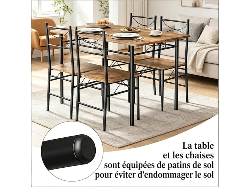  Ensemble table et 4 chaises industriel 110x70 cm, plateau mdf et pieds métal marron rustique  - Conforama E