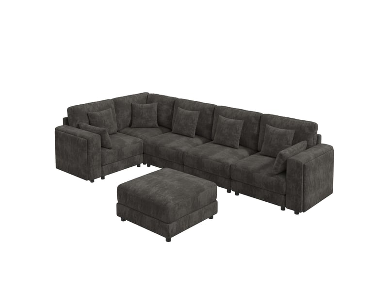  Canapé d angle modulable 6 places 215 x 215 x 82 cm en l ou u avec usb type c porte gobelets rangement 7 coussins chenille pour salon gris BUYDEEMEUS - Conforama A