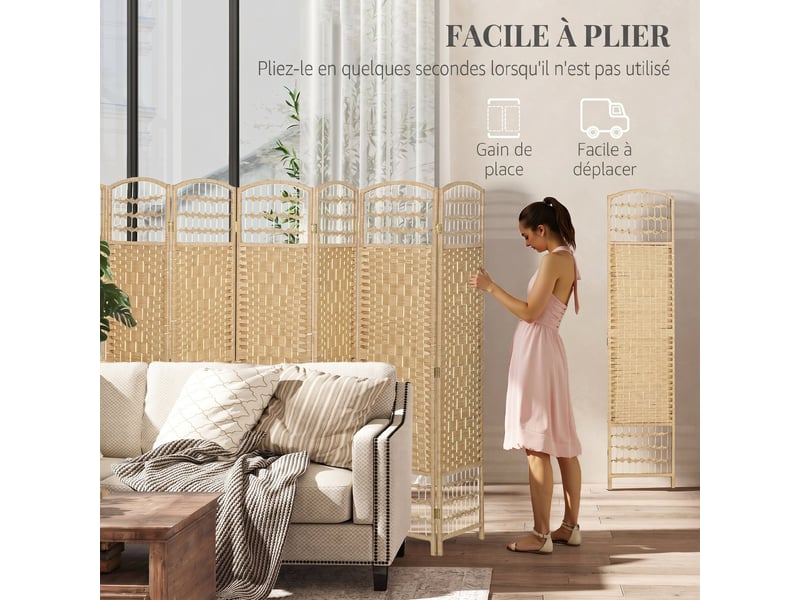  Paravent intérieur en bois séparateur de pièce cloison pliable 8 panneaux bois naturel 320 x 170 cm  - Conforama D