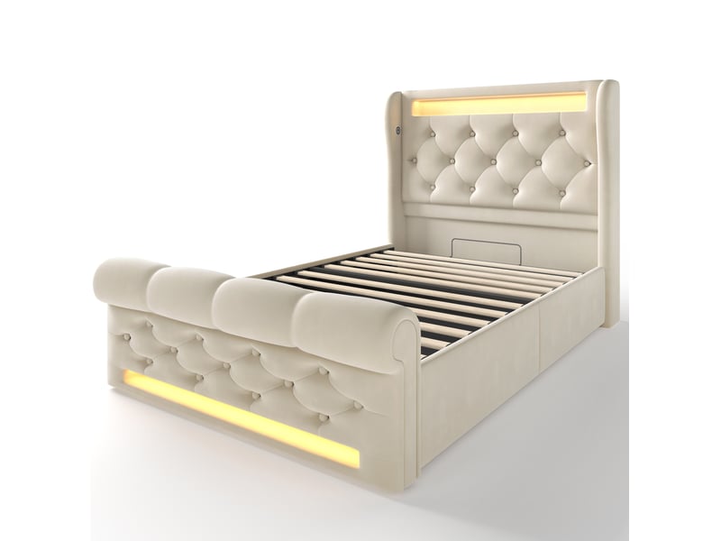 Lit enfant 90x200 cm – beige – coffre hydraulique, led, usbtype-c et tête capitonnée avec matelas - Conforama D