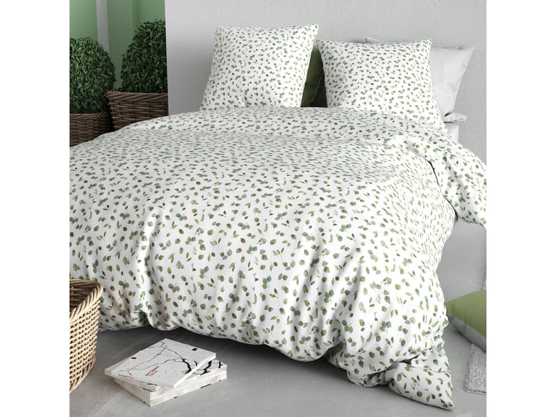  Parure housse de couette 260x240cm + 2 taies motif petites feuilles blanc et vert 100% coton - lazare LAZARE - Conforama B