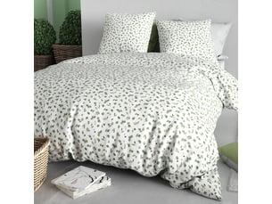 Parure housse de couette 260x240cm + 2 taies motif petites feuilles blanc et vert 100% coton - lazare
