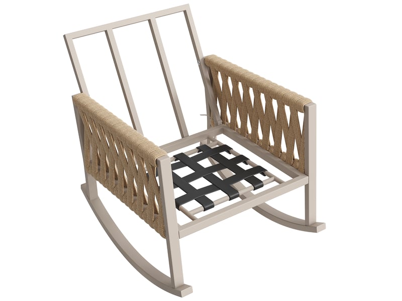 Fauteuil à bascule de jardin 65x79x78 cm avec tressage corde croisée, coussins confortables, structure métal, beige  - Conforama D
