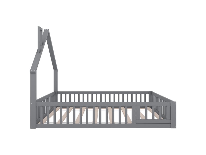  Lit cabane enfant 140 x 200 cm - lit avec sommier à lattes - bois massif - garde-corps sécurité - design cheminée - gris  - Conforama E