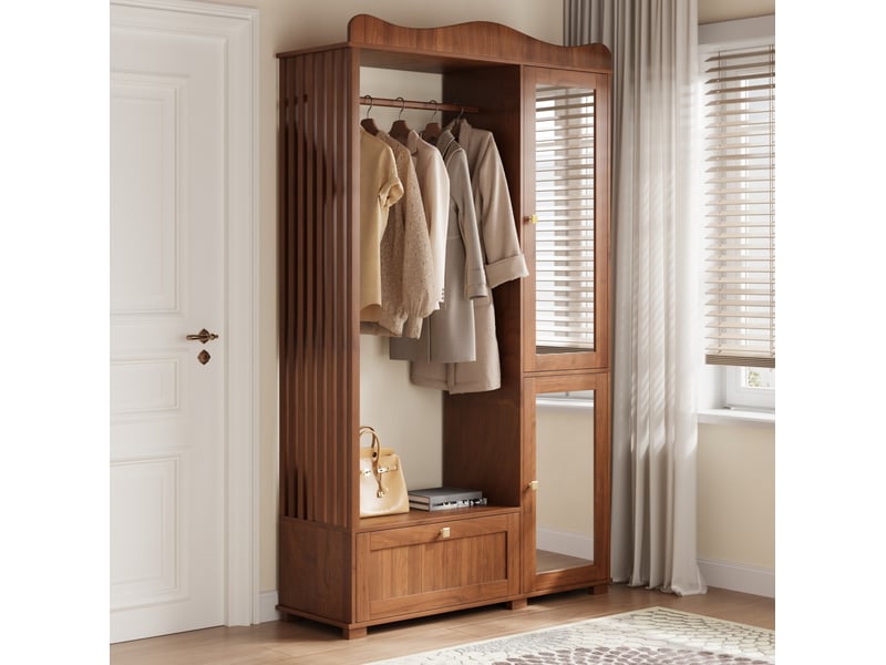  Armoire penderie avec miroir 115,5x38,5x194,5 cm – noyer – rangement ouvert, portes doubles et tiroir  - Conforama E