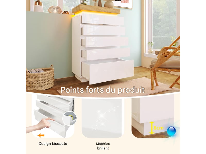  Commode 6 tiroirs avec éclairage led blanc brillant 73 x 39 x 115 cm  - Conforama D