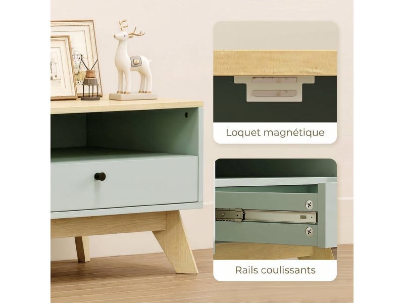  Table basse de salon, table d'appoint rectangulaire avec tiroir, vert clair et chêne, porte et compartiment ouvert  - Conforama W
