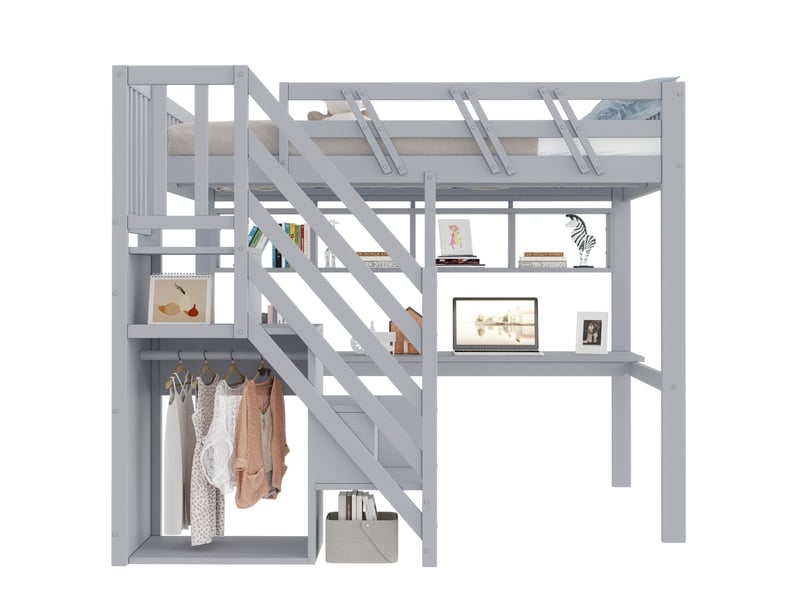 Lit mezzanine 140x200 cm avec bureau, led et prises usb bois gris sans matelas - Conforama A