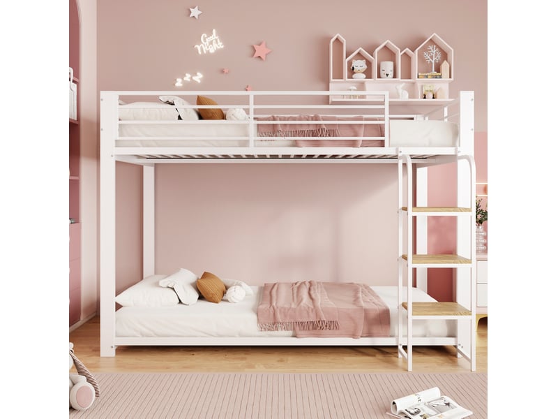  Lit superposé enfant en métal blanc et noyer 90 x 200 cm  - Conforama D