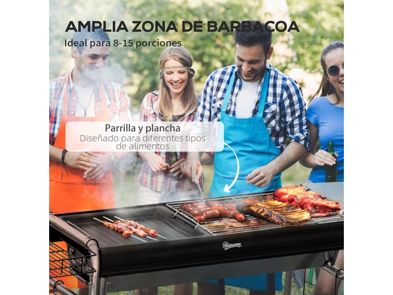  Barbecue au charbon avec grille en acier inoxydable, plancha et étagères, 107 x 63 x 75 cm  - Conforama W