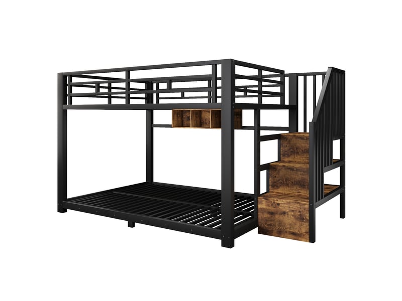  Lit superposé 140 × 200 cm, métal et mdf, led avec application, escalier, 3 niches et barrières, sans matelas, noir  - Conforama A