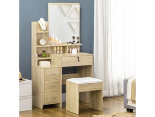 Ensemble de coiffeuse table de maquillage avec tabouret rembourré grand miroir + plusieurs étagères ouvertes + 4 tiroirs bois naturel