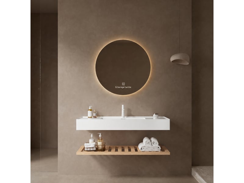  Meuble vasque suspendu 120 cm avec vasque intégrée en résine blanche et étagère en bois  - Conforama E