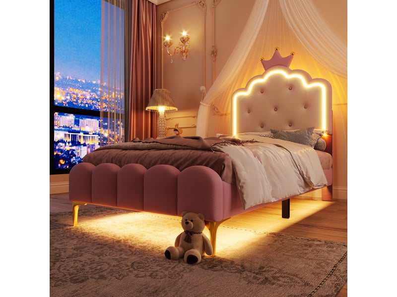 Lit enfant 90x200 cm princesse avec tête couronne et led, pu, rose, sans matelas - Conforama W