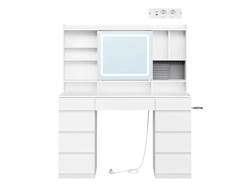  Coiffeuse 110x40x140 cm avec miroir coulissant, led et prises intégrées blanc  - Conforama A