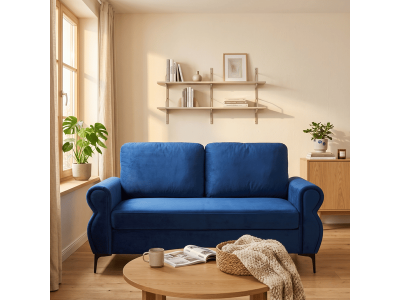 Canapé droit compact à coussins déhoussables - pieds métal 15 cm, tissu polyester bleu - 173,5 cm - Conforama C