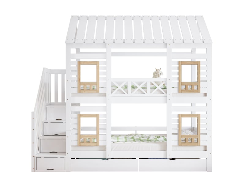  Lit superposé enfant 90x200 cm avec toit, rangements et tiroirs, blanc et naturel  - Conforama A