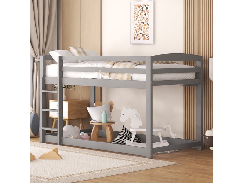 Lit superposé enfant 90x200 cm avec sommier - lit simple cadre en pin - gris (sans matelas)  - Conforama C