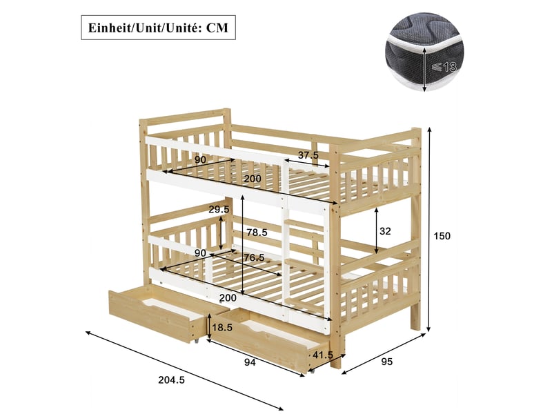 Lit superposé enfant 90x200 cm modulable en 2 lits avec tiroirs, blanc et naturel, sans matelas - Conforama C