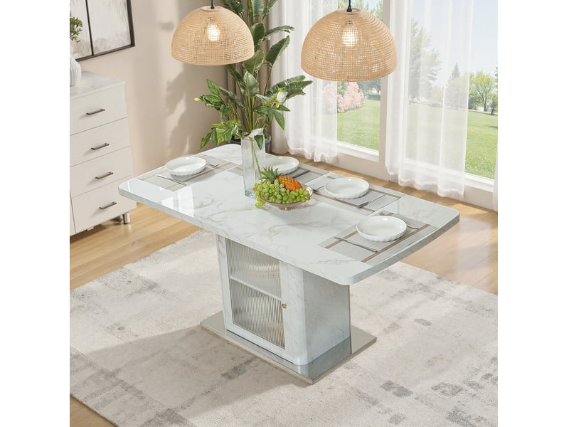  Table à manger rectangulaire extensible 120-160x80x76 cm, rangement, plateau effet marbre, mdf métal verre, blanc  - Conforama D
