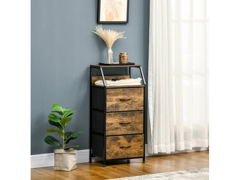  Commode de rangement en tissu à 3 tiroirs avec étagères et cadre en acier marron rustique  - Conforama B