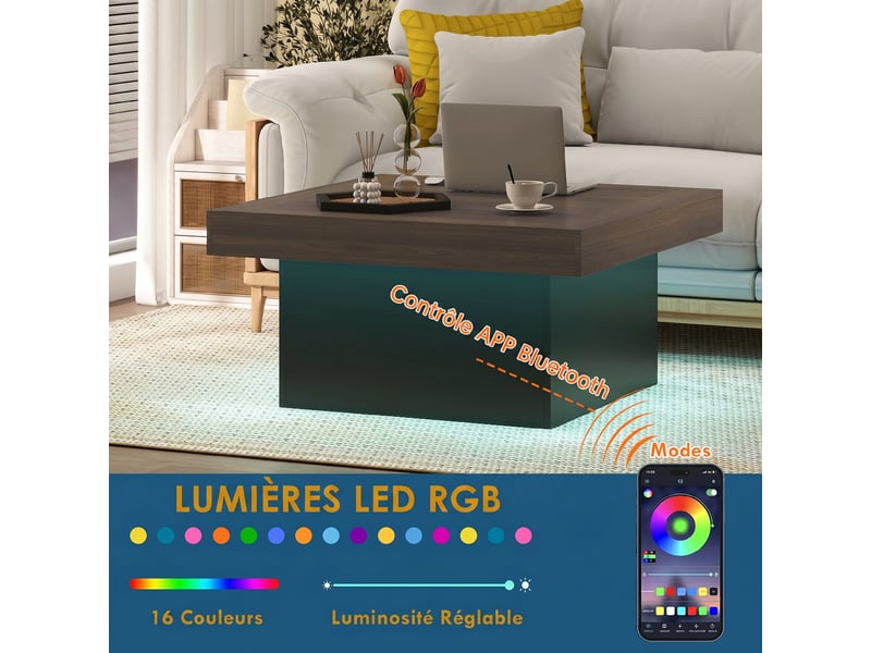  Table basse carrée avec éclairage led 16 couleurs, table de salon moderne, noyer, 90 x 90 x 45 cm  - Conforama D