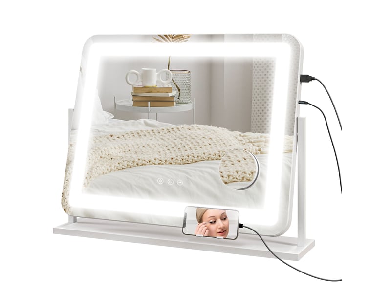  Miroir de courtoisie pivotant 58 x 46 cm avec 3 modes d'éclairage réglables, interrupteur tactile, miroir grossissant, blanc  - Conforama A