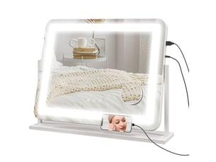 Miroir de courtoisie pivotant 58 x 46 cm avec 3 modes d'éclairage réglables, interrupteur tactile, miroir grossissant, blanc