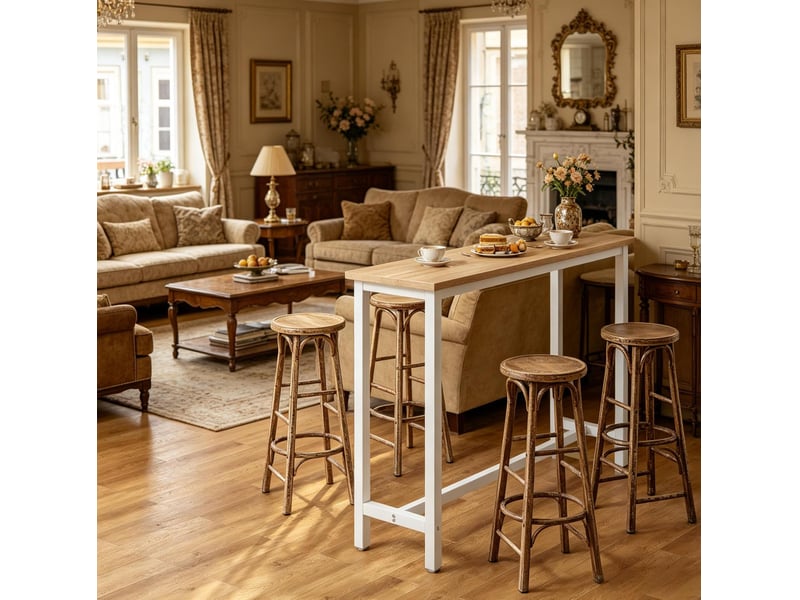  Table de bar multifonctionnelle 140x40x100 cm avec pieds réglables en mdf et métal blanc et chêne clair  - Conforama D