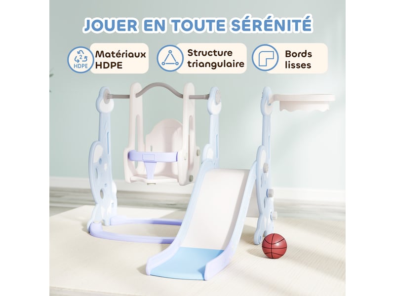  Toboggan et balançoire pour enfants 4 en 1 avec panier de basket et échelle, 147,5 x 160 x 107 cm, bleu clair  - Conforama W