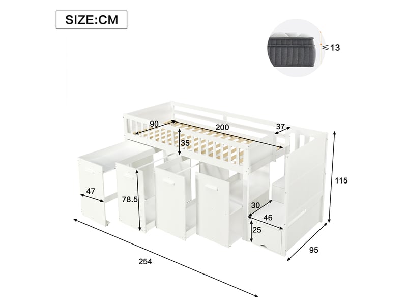 Lit mezzanine enfant 90x200 cm avec bureau, rangements et escalier blanc - Conforama C