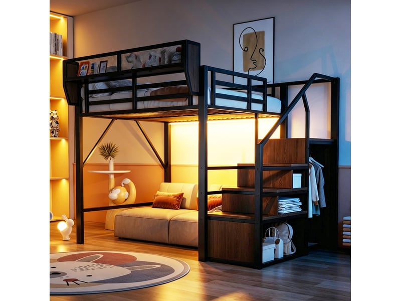  Lit surélevé modenvie 140 x 200 cm avec bande led, échelle de sécurité et rangement modulable en métal noir  - Conforama E