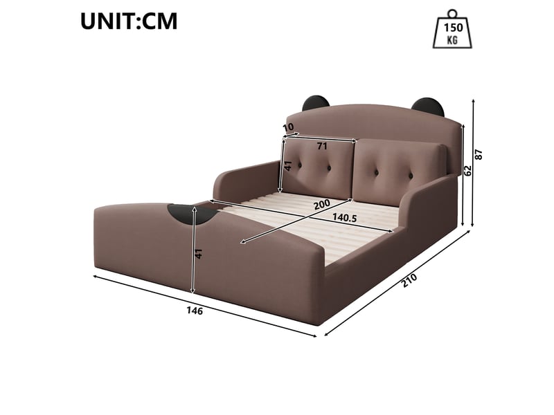  Lit enfant 2 places 140×200 cm avec tête de lit ours rembourrée - okmyhome- 2 coussins, lin café, sans matelas  - Conforama D