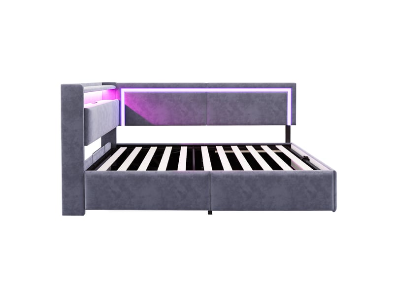  Lit canapé velours gris foncé 90x200 cm avec led, usb et rangement hydraulique  - Conforama A