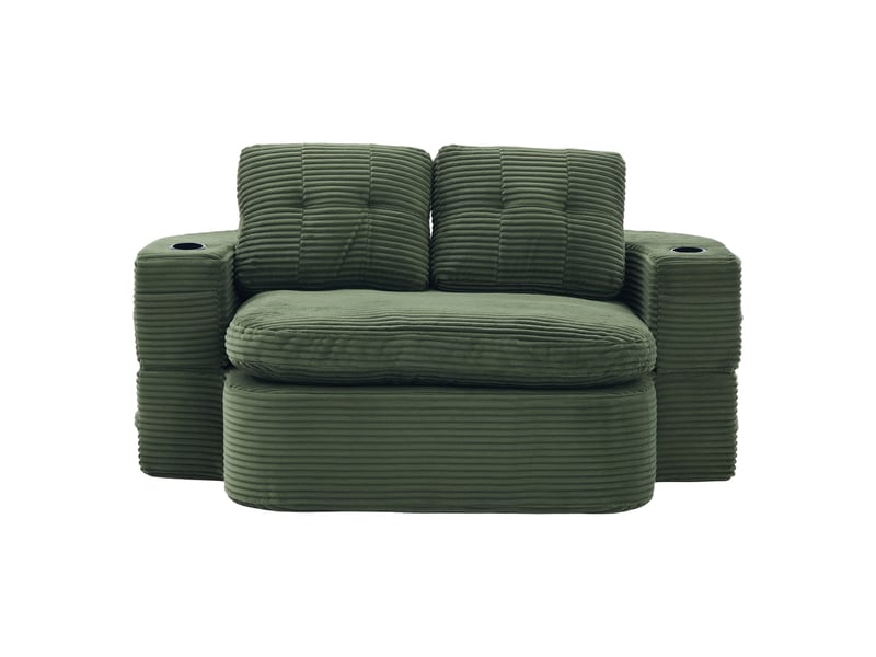  Fauteuil convertible 2-en-1, accoudoirs amovibles et 2 porte-gobelets en velours côtelé vert émeraude  - Conforama A