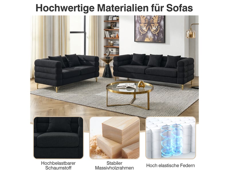 Canapé nuage noir en tissu bouclette, 205,7 x 81 x 71 cm, pieds en métal doré, coussins décoratifs, dossier ondulé - Conforama D