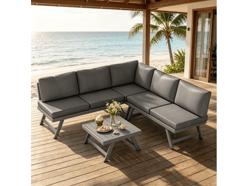 Canapé d'angle de jardin 5 places gris en acier et aluminium, avec table basse et coussins, design moderne - Conforama B