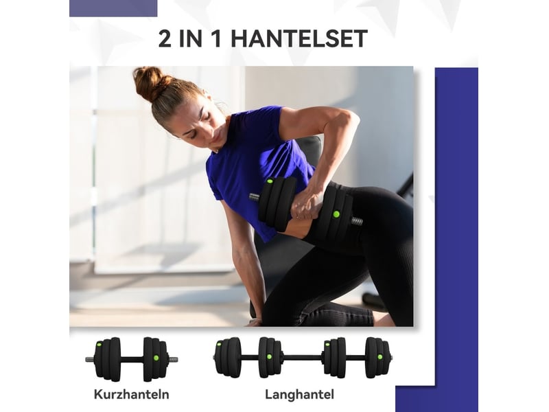  Set haltères et barre 2-en-1 25 kg 105 cm – noir et vert – poignées antidérapantes, protège-sol  - Conforama E