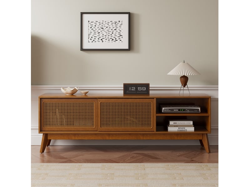  Meuble tv en rotin avec 2 portes coulissantes et 2 niches ouvertes, pieds réglables, pour salon, noyer, bois et mdf  - Conforama B