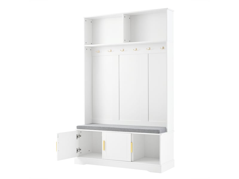  Vestiaire d’entrée blanc 120 × 40 × 191 cm, banc à chaussures, 6 patères triples  - Conforama E