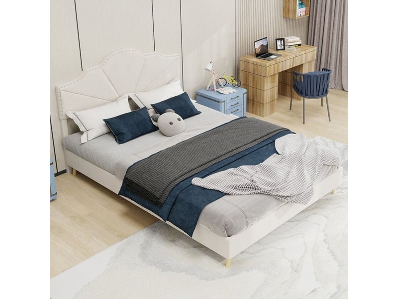  Lit double moderne minimaliste - tête de lit douce - 140x200 cm - beige - cadre à lattes 200x140x133cm - Conforama D