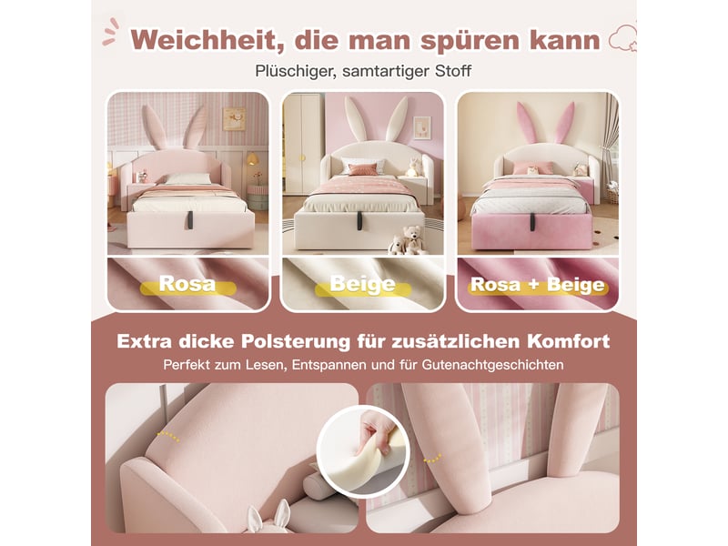  Lit simple 90x200 cm, lit enfant, coffre de rangement, table de chevet, motif lapin, velours rose  - Conforama W